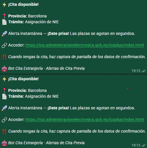 Ejemplo de alerta instantánea cuando aparece una cita disponible